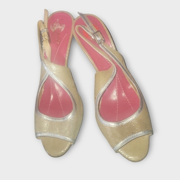 Kate Spade New York Gold Glittery Silver Trim Sling Back Peep Toes Heels 6B - Picture 1 of 12